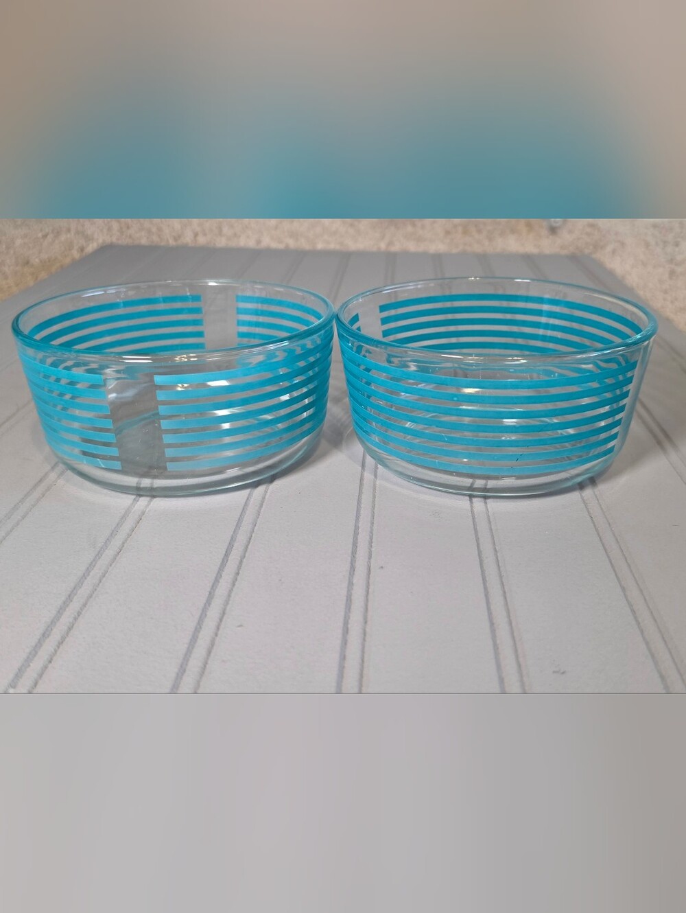 Vintage Pyrex Blue Teal Striped Clear Glass Bowls (Set of 2) 1 Quart